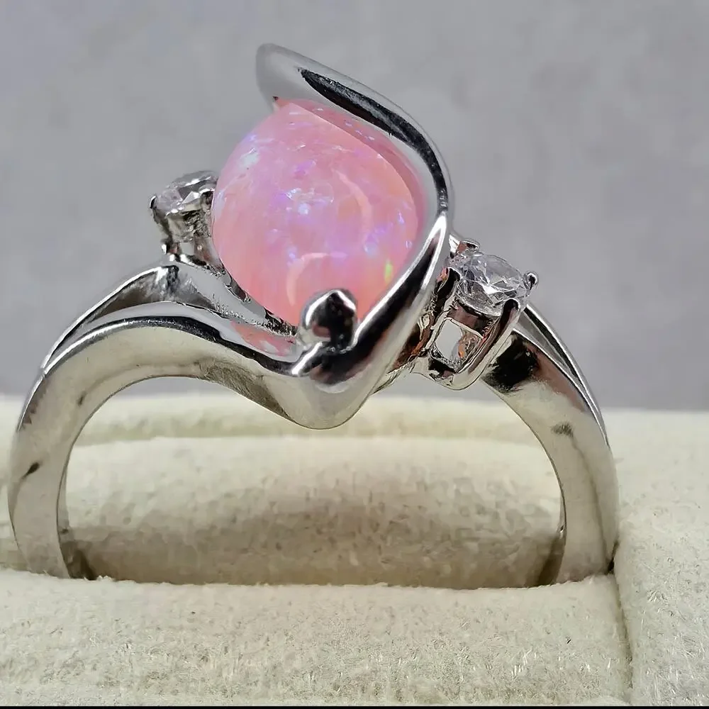 Size 9 Marquise Pink Fire Opal Ribbon Bypass Ring in Solid 925 Sterling Silver
